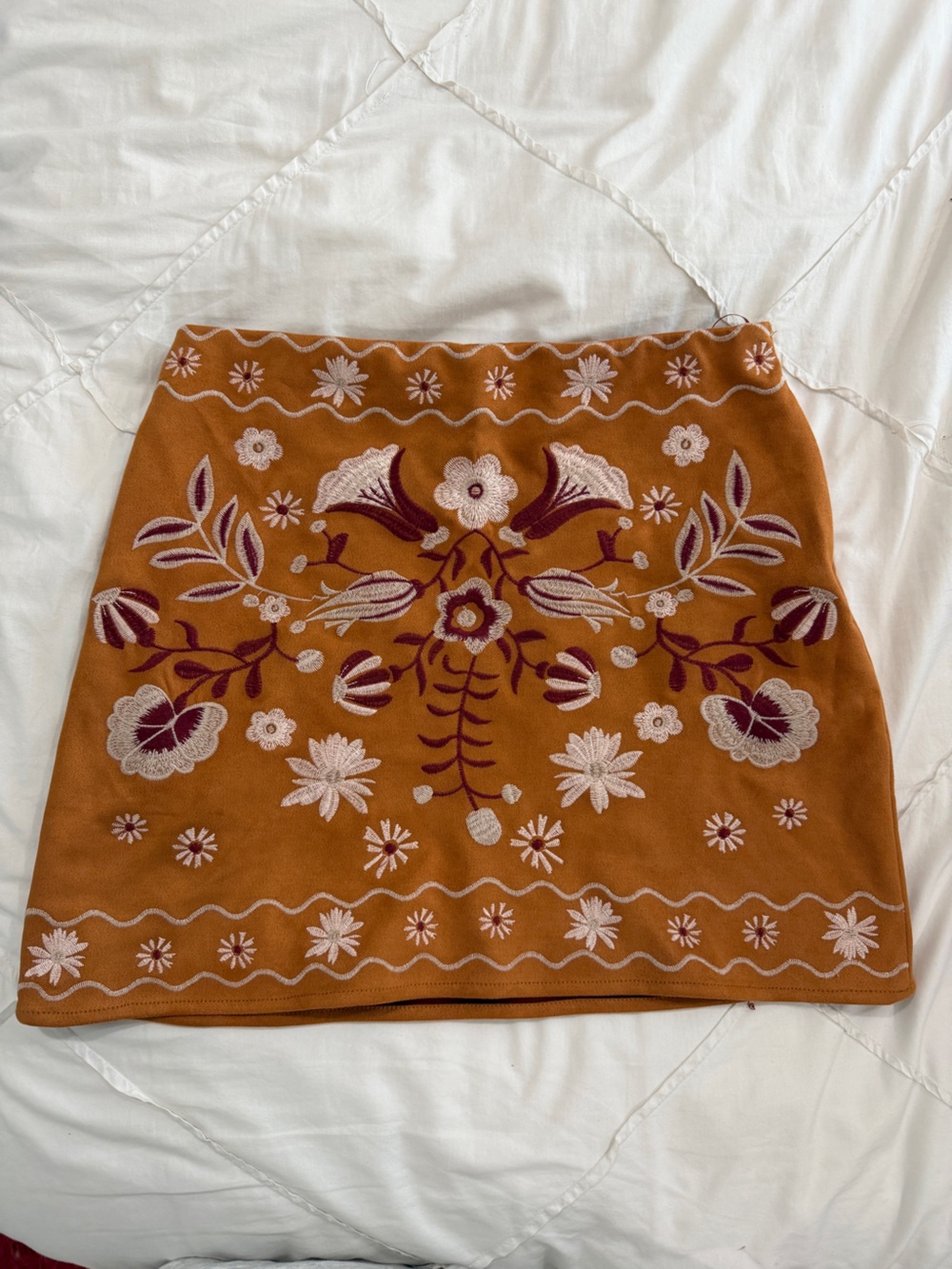 Rust Embroidered Floral Skirt with Cream & Burgundy Accents